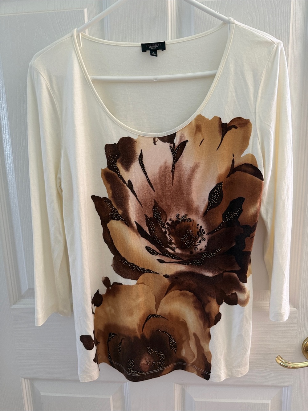 Talbots Cream Long-Sleeve Scoop Neck Top with Brown Floral Print
